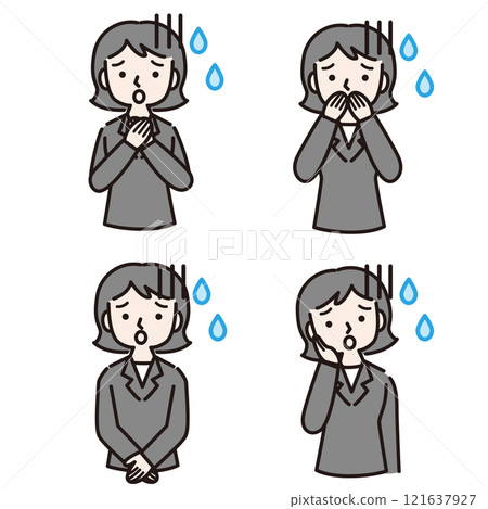一位穿著西裝、動作多樣、滿頭大汗、焦慮的女人：插畫素材 121637927