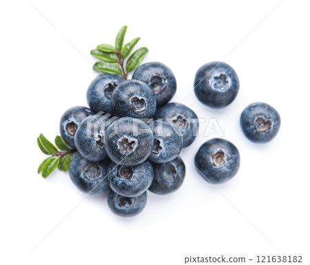Blueberries with leaves on white backgrounds 121638182