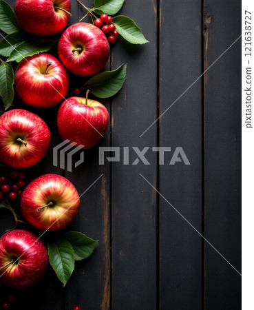 蘋果特寫呈現在深色背景上木板 蘋果特寫呈現在深色背景上木板 121638727