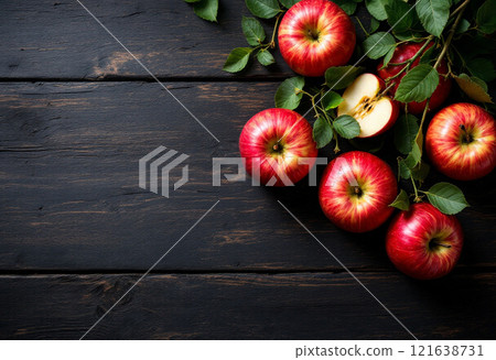 Apple close-up rendered on wooden board on dark background 121638731