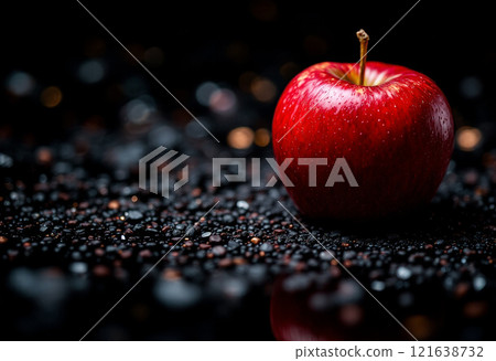 Apple close-up rendered on wooden board on dark background 121638732