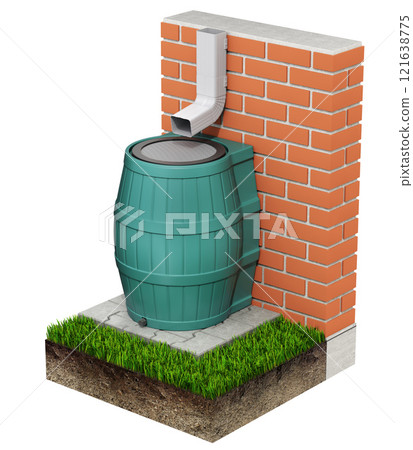Rain barrel collection system - 3D illustration Rain barrel collection system - 3D illustration 121638775