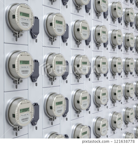 Digital electric meters for an apartment complex - 3D illustration 121638778