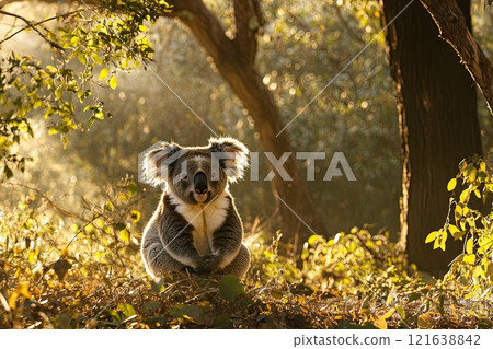 Koala Relaxing in Sunny Forest Morning Surrounded by Lush Green Trees and Warm Sunlight Koala Relaxing in Sunny Forest Morning Surrounded by Lush Green Trees and Warm Sunlight 121638842