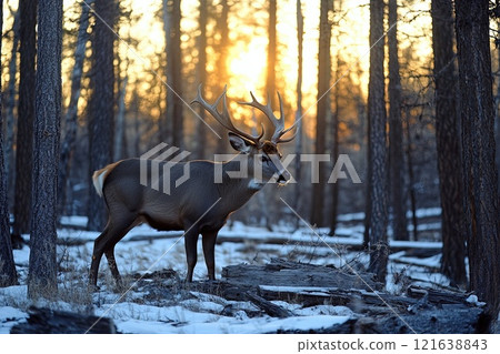 Majestic Grand Deer in Serene Wooden Forest at Dawn Tranquil Nature Scene 121638843