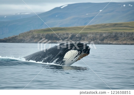 Majestic Whale Diving into Turquoise Waters near Serene Coastal Landscape Nature s Splendor Captured Majestic Whale Diving into Turquoise Waters near Serene Coastal Landscape Nature s Splendor Captured 121638851