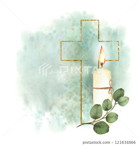 Golden Cross with a white burning candle and eucalyptus branch on Watercolor green stains splashes background. Hand drawn illustration. Church arrangement for christening, Easter. Isolated clipart 121638866