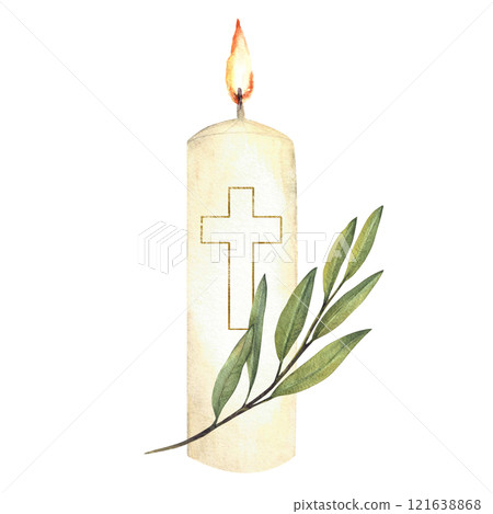 White burning church candle with golden cross and green olive tree branch. Watercolor religious hand drawn illustration for christening, wedding, Easter, funeral card design. Isolated from background 121638868