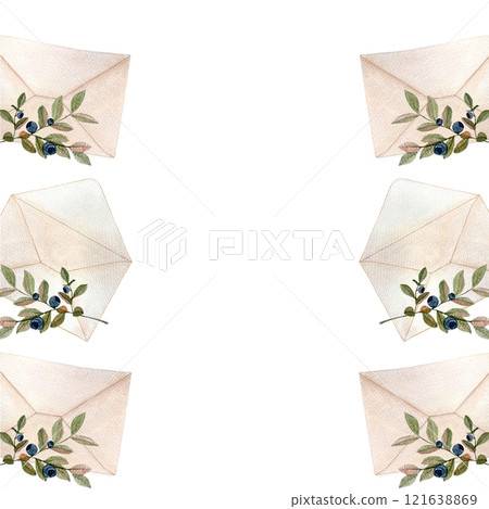 Blueberry sprig and envelope, watercolor vertical frame isolated on white. Hand drawn high quality art. Simple flat style illustration for woodland designs, wrapping paper, textile, packages design 121638869