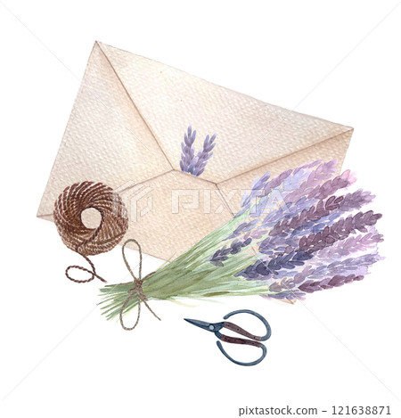 Lavender flowers with an envelope and scissors watercolor composition isolated on white. Hand painted in watercolor. High quality art great for stickers, notebooks decor, packages, herbal production 121638871