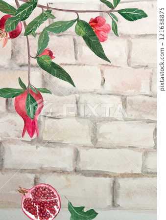 A branch with pomegranates, flowers and leaves on a white stone wall watercolor frame. Hand drawn realistic fruit element for cards, banners, posters, home decor, prints. Vibrant autumn plant clip art A branch with pomegranates, flowers and leaves on a white stone wall watercolor frame. Hand drawn realistic fruit element for cards, banners, posters, home decor, prints. Vibrant autumn plant clip art 121638875