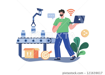 Worker Using Wi-Fi From Laptop Controlling Conveyor Lines Of Automatic Factory 121639017