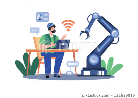 Man Controlling Factory Robot With Laptop 121639019