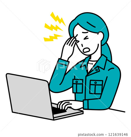 A female worker suffering from a headache while working on a laptop A female worker suffering from a headache while working on a laptop 121639146