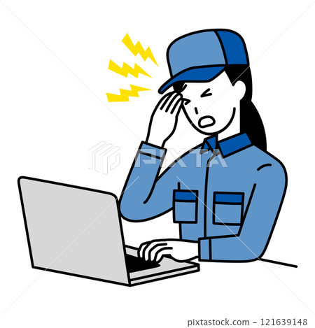 一位穿著工作服的女士在筆記型電腦上工作時感到頭痛 一位穿著工作服的女士在筆記型電腦上工作時感到頭痛 121639148
