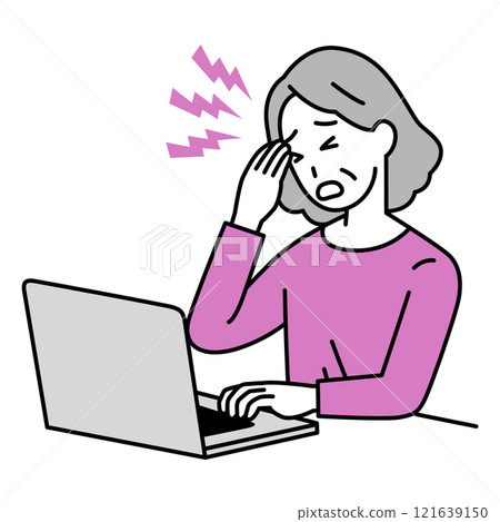 Elderly woman suffering from headache while working on laptop Elderly woman suffering from headache while working on laptop 121639150
