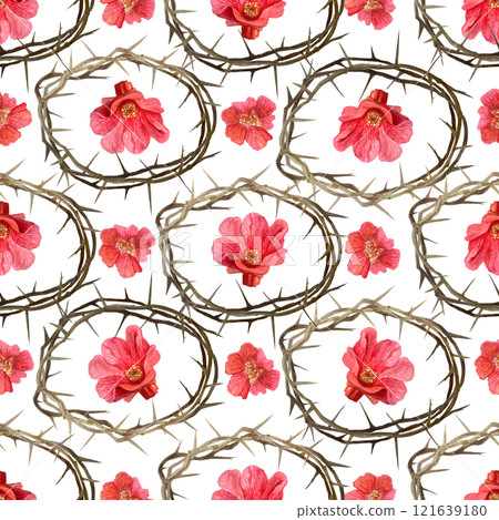 Crown of thorns with red pomegranate flowers watercolor seamless pattern isolated on white. High quality art for posters, stickers, Easter, Passover, Holy Thursday, christening baptism decor and 121639180