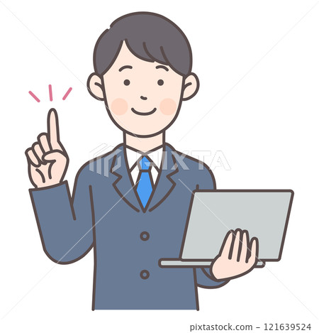 一名男性辦公室工作人員拿著電腦指著 121639524