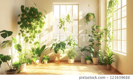 Sun shining through windows on lush green houseplants in modern living room 121639688
