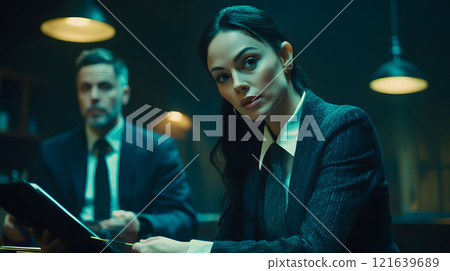 Businesswoman holding contract and looking concerned during a meeting 121639689