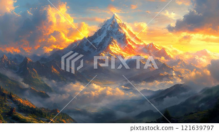 Majestic snow capped mountain peak illuminating dramatic sunset sky 121639797