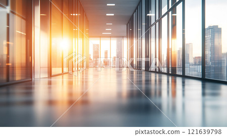 Modern empty office corridor with cityscape view at sunset Modern empty office corridor with cityscape view at sunset 121639798