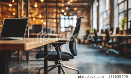 Laptop standing on a desk in an open space office with programmers working Laptop standing on a desk in an open space office with programmers working 121639799