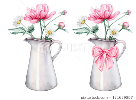 Watercolor bouquet of delicate pink peony and chamomile flowers in full bloom. Hand drawn illustration beautiful floral flower in light color jug or jar with pink bow. Summer botanical plant isolated. 121639897