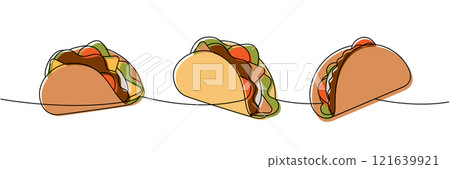 Mexican tacos one line colored continuous drawing. Tacos tortilla with meat with vegetables. Vector linear illustration. Mexican tacos one line colored continuous drawing. Tacos tortilla with meat with vegetables. Vector linear illustration. 121639921