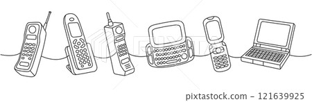 Retro phones one line continuous drawing. Old fashioned phones, mobile flip phone, smart phone with keypad. Vector linear illustration. 121639925