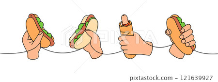 Set of hand hold hotdog one line colored continuous drawing. American street fast food. Vector linear illustration. 121639927