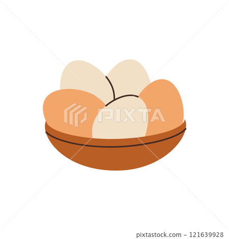 Bowl of chicken eggs. Organic farm chicken eggs. Vector illustration. 121639928