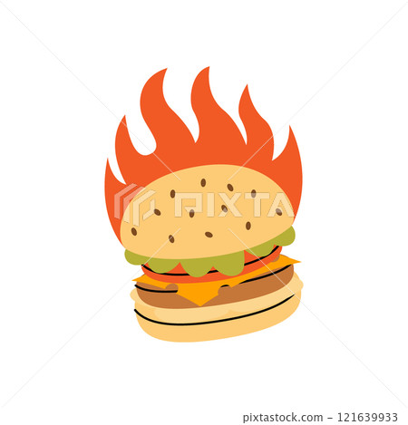 Burger with fire behind. Traditional American fast food. Vector illustration. 121639933