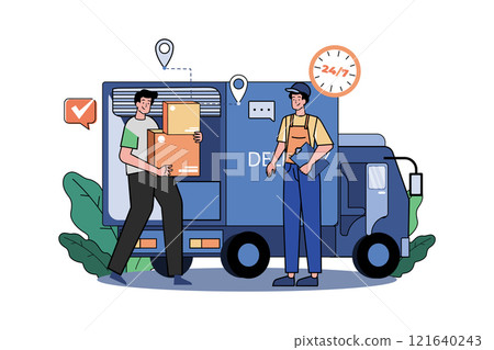 Two Guys Getting Ready To Ship Cargo By A Delivery Truck 121640243