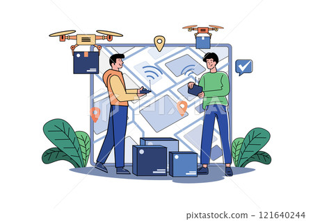 Guy With Tablet Caused Boxed Cargo Delivery Via Electric Wireless Drone 121640244