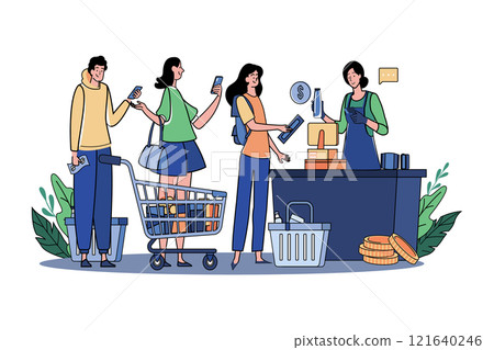 Crowd Of People Using Gadgets Waiting In Line At Checkout In A Supermarket 121640246