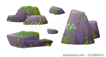 Moss covered stone blocks and swamp rocks set 121640433