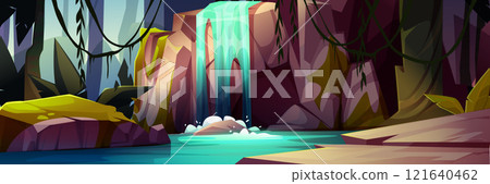 Flowing waterfall over cave entrance 121640462