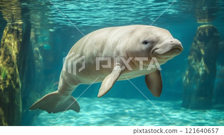 Graceful Dugong Swimming Underwater in Clear Blue Ocean 121640657