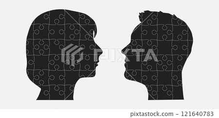 Head woman and man made puzzle pieces, education 121640783
