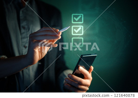 Man with smartphone and digital pencil. 121640878