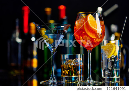 Various cocktails on a bar table 121641091