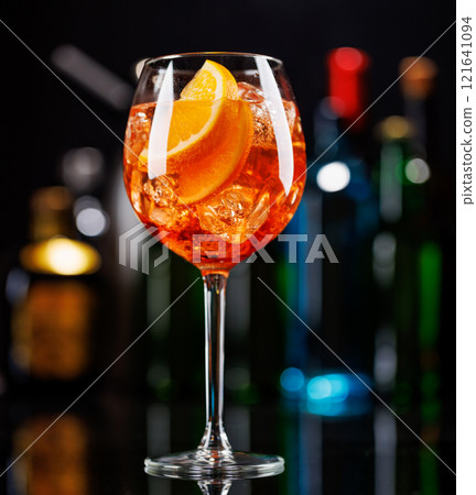 Aperol spritz cocktail on a bar table 121641094