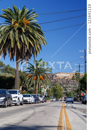 Iconic Los Angeles road stretching toward the Hollywood Hills, with the famous Hollywood sign 121641119