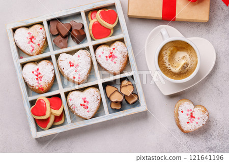 A charming selection of heart-shaped sweets neatly arranged in a box A charming selection of heart-shaped sweets neatly arranged in a box 121641196