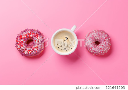 An assortment of vibrant donuts and a coffee cup perfect for a Valentines Day card An assortment of vibrant donuts and a coffee cup perfect for a Valentines Day card 121641203