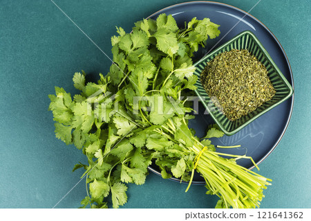 Raw organic fresh cilantro leaves. 121641362