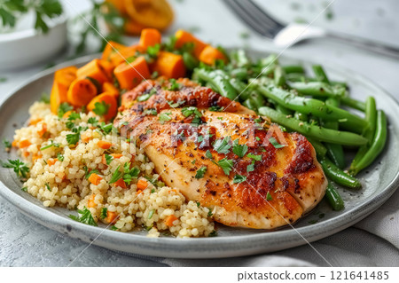 Baked chicken or turkey breast and bulgur cereal with vegetables, carrot, green long string beans and parsley on grey plate on dark grey concrete background 121641485