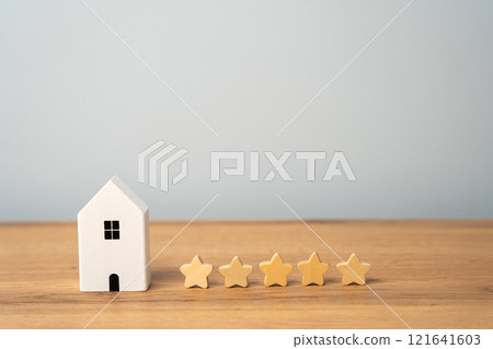 Five stars and a wooden house on a gray background. The concept of the best housing, luxury apartments VIP class. The best service and universal recognition, a high evaluation. Success. Feedback Five stars and a wooden house on a gray background. The concept of the best housing, luxury apartments VIP class. The best service and universal recognition, a high evaluation. Success. Feedback 121641603