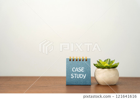 Case study concept. Analysis of a real-world business scenario, organization, or decision-making process, used to illustrate challenges and strategies. Notes in notebook and succulent on a table 121641616